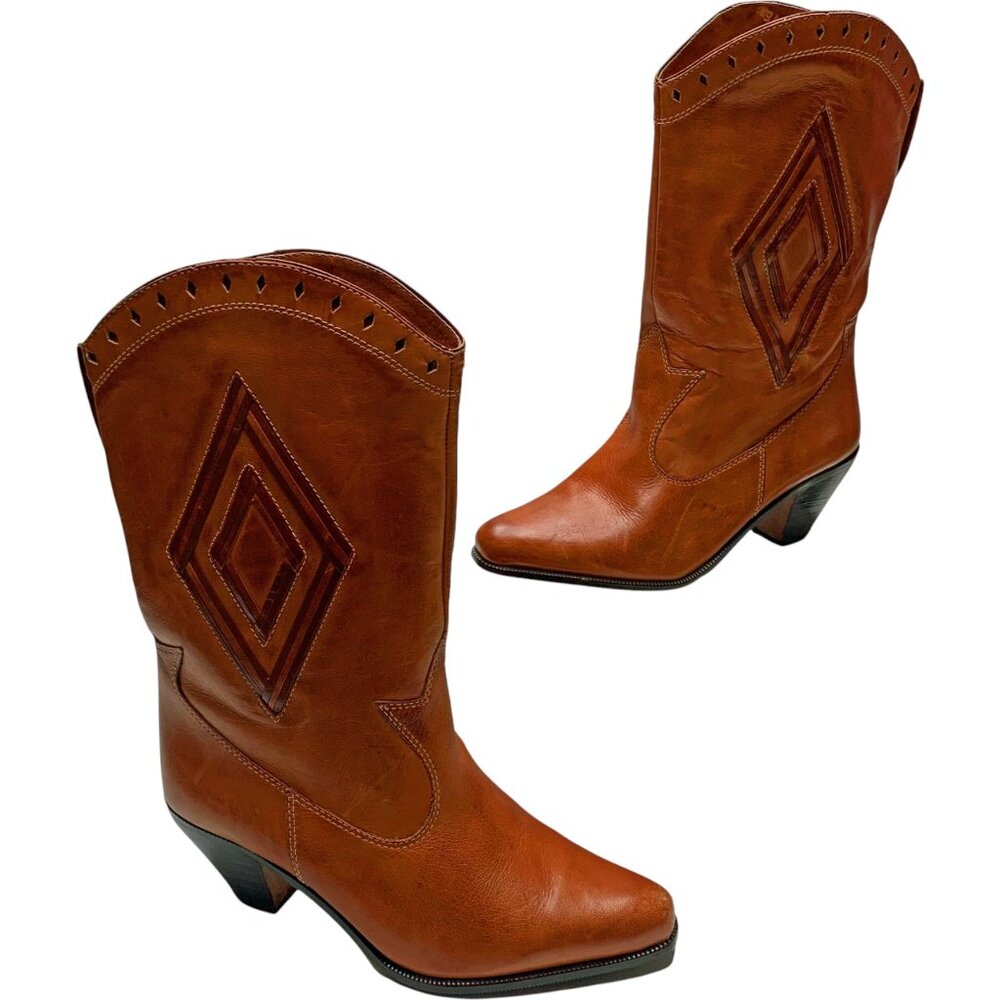 Vintage Wild Pair British Tan Leather Western Heeled‎ Boots